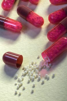 Medicine - A drug capsules with one split to show the microcapsules inside. 