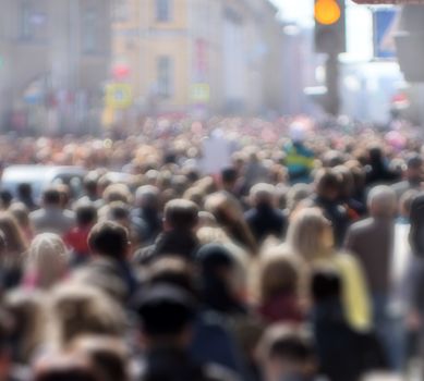 Crowd of people at the street, city center 