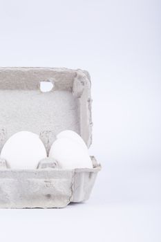 Two white eggs in carton with front view, isolated on white background.