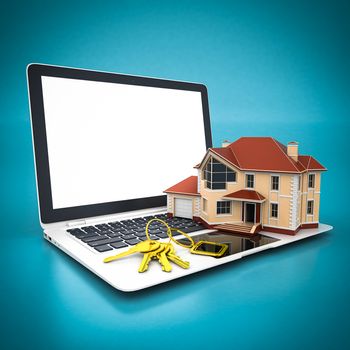 House with keys and white laptop on a blue background