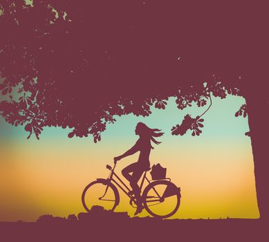 Retro Style Illustration Of A Girl Or Woman Riding A Bike Under A Tree At Sunset
