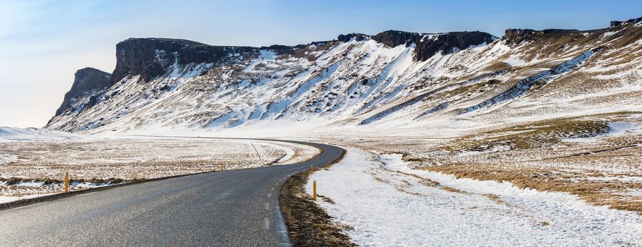 Winter Mountain range road in a sunny day at Vik, Southern of Iceland