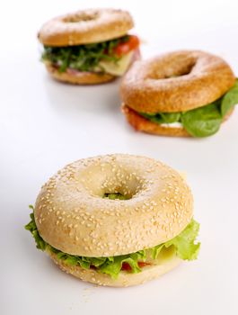 Delicious bagel sandwich on the table