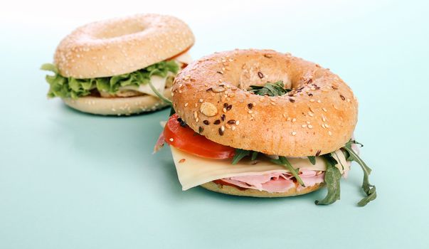 Delicious bagel sandwich on the table