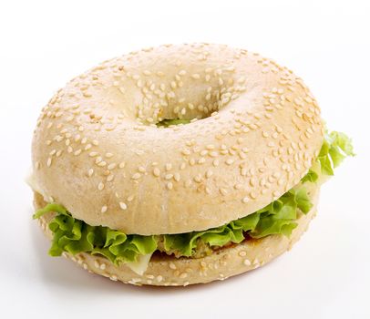 Delicious bagel sandwich on the table