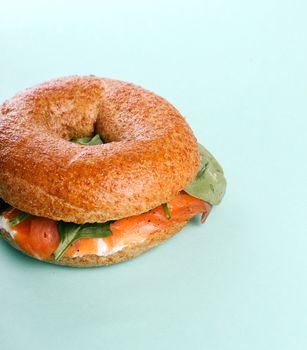 Delicious bagel sandwich on the table
