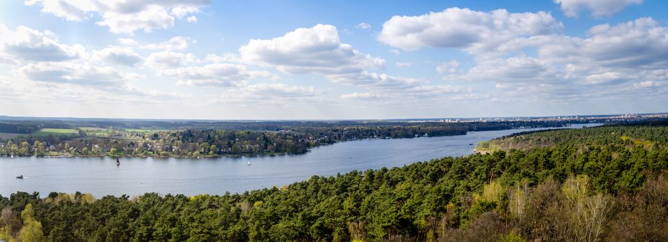 Panoramic picture of havel see in springtime with cloudy sky