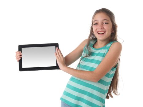 Beautiful pre-teen girl laughing with a tablet computer. Clipping path for the screen