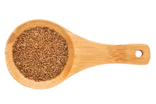 gluten free teff grain on a small wooden spoon isolated on white with a clipping path