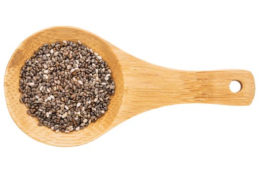 chia seeds on a small wooden spoon isolated on white with a clipping path