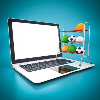 Picture a soccer ball and white laptop on a blue background