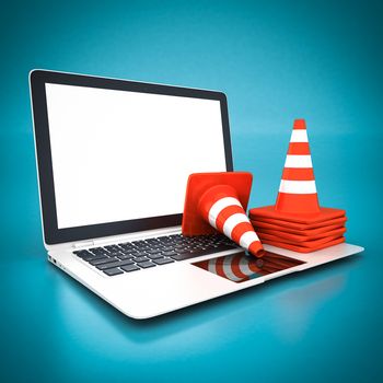 Single traffic cone and white laptop on a blue background