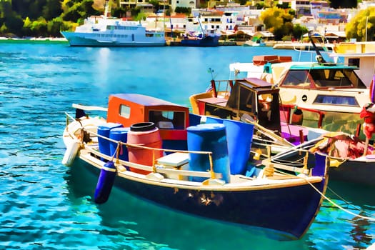 Wooden Fishing Boats in the beautiful Harbour of Alonissos island in Greece