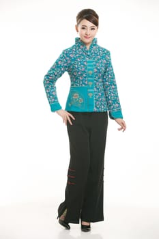 Wearing cotton padded jacket China lady in white background