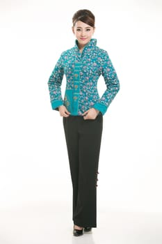 Wearing cotton padded jacket China lady in white background