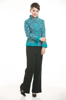 Wearing cotton padded jacket China lady in white background