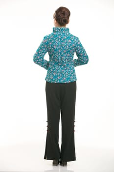 Wearing cotton padded jacket China lady in white background