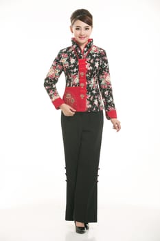 Wearing cotton padded jacket China lady in white background