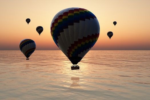 Hot air balloon flying over the sea in sunrise or sunset.