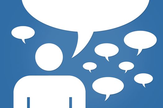 Male or man icon speaking talking with speech bubles on blue background.