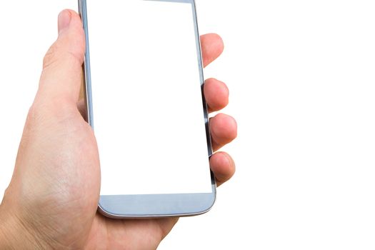 Close up view of mobile phone holding in hand with blank white screen, isolated on white background.