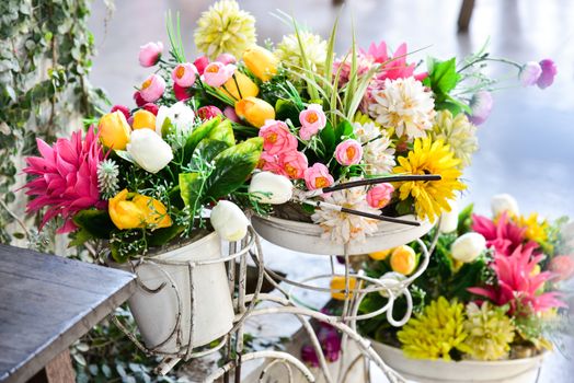 Decoration artificial flower in basket on bicycle
