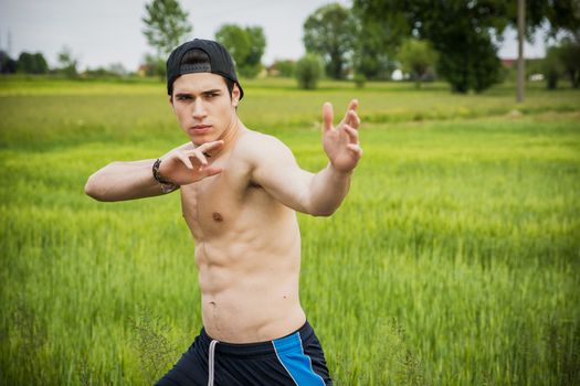 Shirtless fit athletic young man outdoor practicing martial arts in the countryside