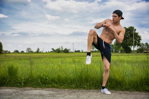 Shirtless fit athletic young man outdoor practicing martial arts in the countryside