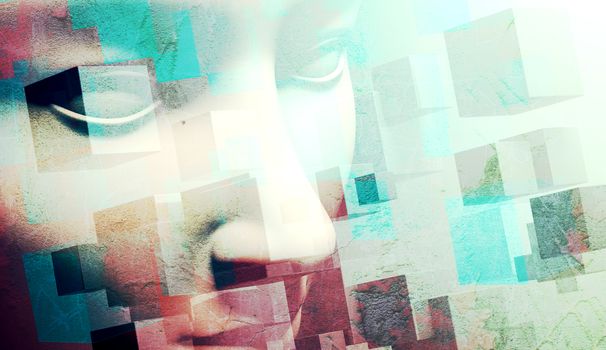 abstract human face background.Cube shape and texture.Grunge and old style 