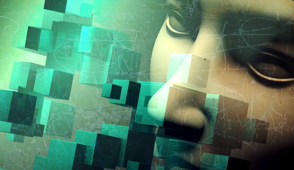 abstract human face background.Cube shape and texture.Grunge and old style 