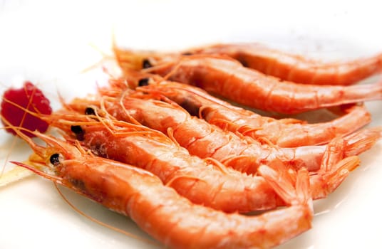 grilled prawns over white plate