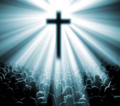 Christian religion. Illustration with cross of christ and believers