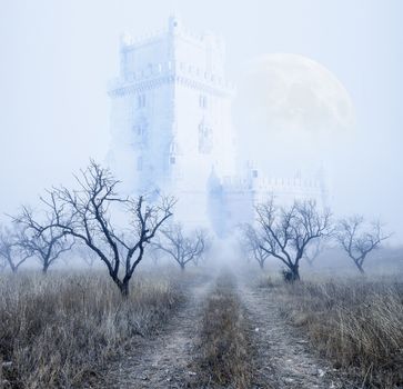 Mysterious foggy scenery.Castle and full moon.