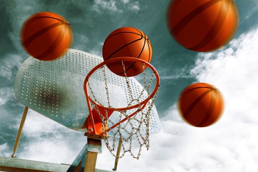 Basketball hoop and several balls. Sport background