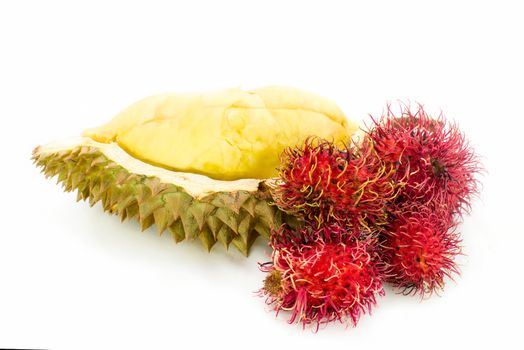 Durian and Rambutan fruits isolated on white background,Thai Fruit