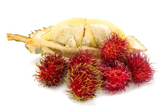 Durian and Rambutan fruits isolated on white background,Thai Fruit