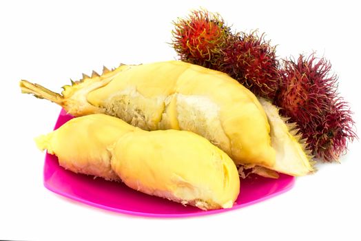 Durian and Rambutan fruits isolated on white background,Thai Fruit