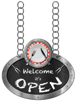 Oval metallic sign with frame, white empty plate, silver cutlery and blackboard with text, Welcome it is open. Hanging from a metal chain and isolated on a white