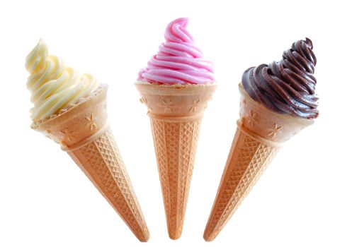 Assorted flavored ice cream cones including classic vanilla, strawberry and chocolate 