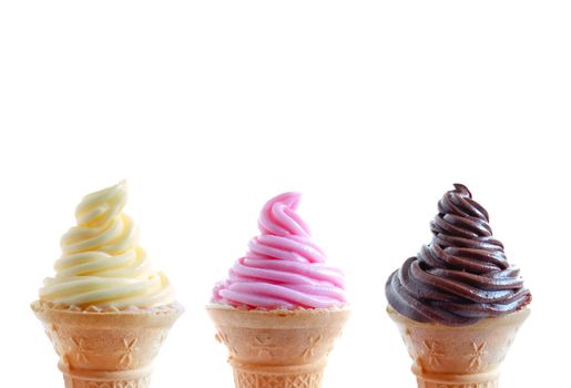 Assorted flavored ice cream cones including classic vanilla, strawberry and chocolate 