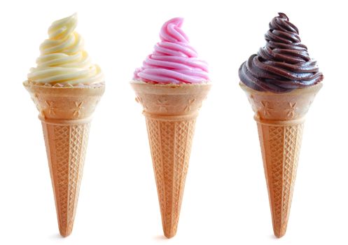 Assorted flavored ice cream cones including classic vanilla, strawberry and chocolate 