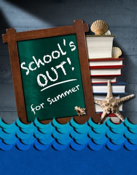 Blackboard with wooden frame and text School is out for summer, stack of books, blue waves, seashells and starfish on blue wooden wall