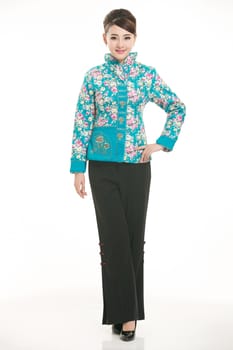 Wearing cotton padded jacket China lady in white background