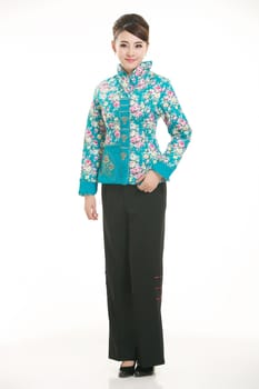 Wearing cotton padded jacket China lady in white background