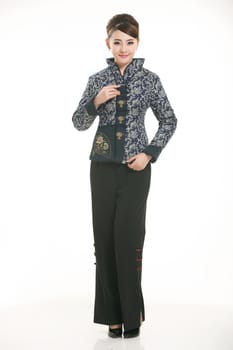 Wearing cotton padded jacket China lady in white background