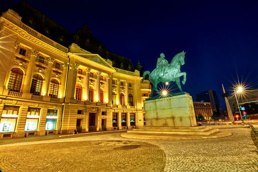 Universitary Library and Carol I statue in Bucharest, Romania.