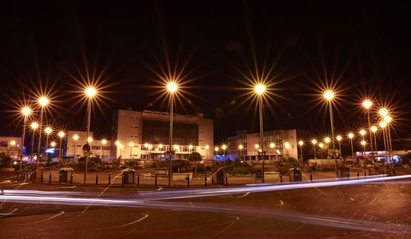 Focsani railway station with circle of light poles.