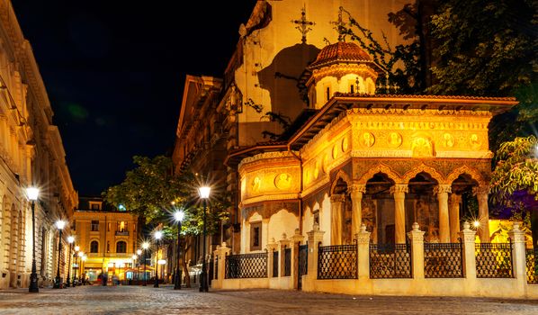 Bucharest night scene. Stavropoleus monastery.