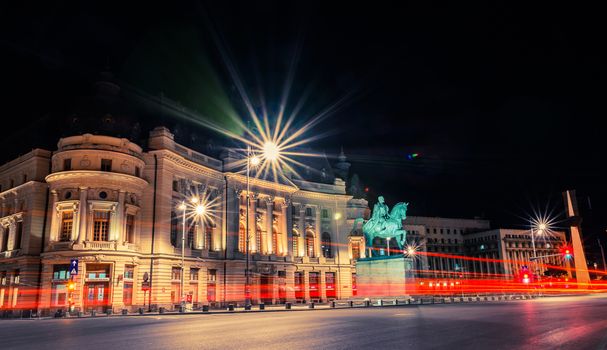 Universitary Library and Carol I statue in Bucharest, Romania.