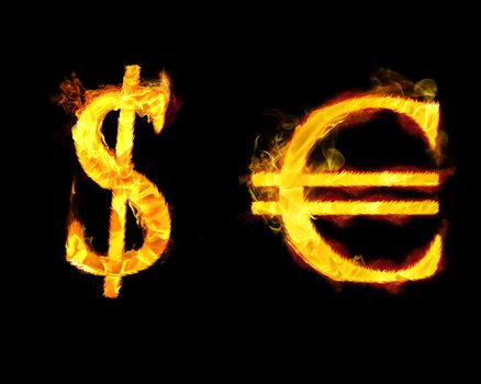 Euro and dollar money signs in flames.